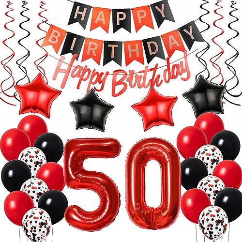 Luftballons 50. Geburtstag Deko Rot Schwarz - Happy Birthday Dekoration für Frauen Mit Ballons