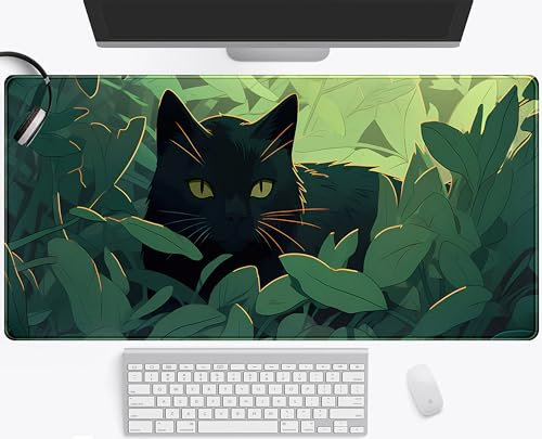 Tapis de Souris de Jeu Motif Chat Mignon Noir - Dessin Animé Kawaii Feuilles Vertes - Grand Tapis de Bureau Forêt Nature XXL - Esthétique pour Ordinateur Portable