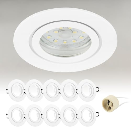 Doughelec 10er Einbaustrahler GU10 IP44 Aluminium Weiß Einbaurahmen DN-002 | Badezimmer Rahmen 68mm Lochdurchmesser| Rund Flach Spot Einbauspots inkl GU10 Fassung|230V für Wasserdicht Einbauleuchten