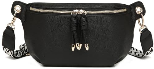 Travistar Umhängetasche Damen Leder - Stylisch Crossbody Bag Damen Breiter Gurt Handtasche Bauchtasche Gürteltasche Brusttasche Klein Schultertasche Moderne Tasche mit Breitem Schultergurt Schwarz