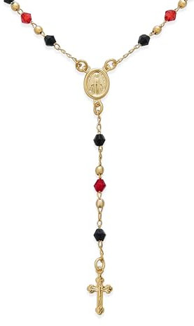 Bling Jewelry Religiöse Rot-Schwarze Perlen Gesegnete Mutter Jungfrau Maria Rosenkranz Halskette Mit Kreuzanhänger Für Frauen Teenager 18K Vergoldet