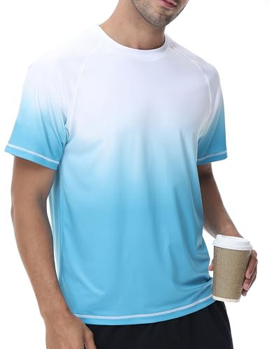 YuKaiChen Rashguard Herren Schwimmshirt Schnelltrocknend Atmungsaktiv Bade-T-Shirt mit kurzen Ärmeln Rashguards Wassersport für Männer Weiß Azurblau XL