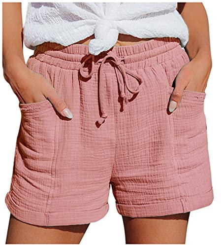 Short Lin Coton Femme été Sport Jogging Short Femmes Ete Casual Lin Coton Pantalons Court Uni Couleur Bermuda Plage Short avec Poches Pantalon Court Taille Elastique avec Cordon de Serrage Pas Cher