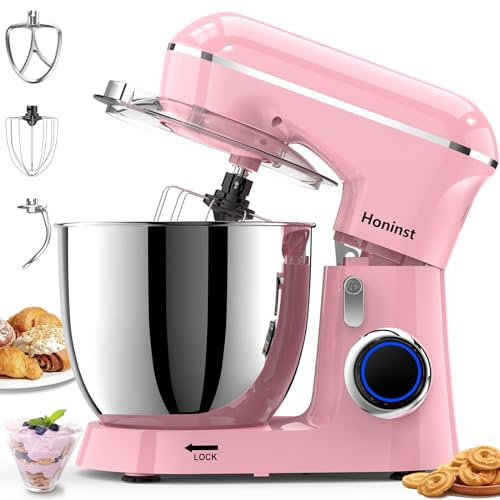 Honinst Batteur sur socle électrique 3 en 1 avec bol, crochet pétrisseur, fouet et batteur, mélangeur alimentaire pour pâtisserie, gâteaux et la plupart des cuisiniers à domicile, 6,5 l, 6,5 l, rose