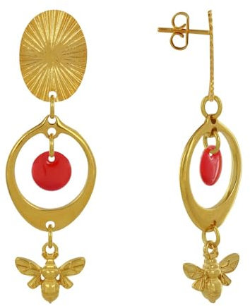 LES POULETTES BIJOUX - Goldener Messing Nagel Ohrringe Kreis Farbig Pellet und Biene - Rote