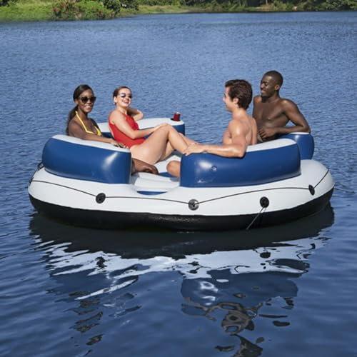 LANGWEI Flotas del Lago, Isla Flotante Redonda De 4 Personas con Soporte De Taza Y Cuerdas De Agarre, Balsa De Salón De Playa, Flotadores De Agua Inflable para Adultos