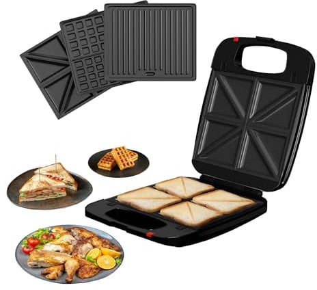 DMD® | 3-in-1 Family Toastie Maker Sandwich Toaster, 4 Slice Waffle Maker, Panini Press Deep Filled Removable Plates with Non-Stick Coating & Drip Trays 1200W