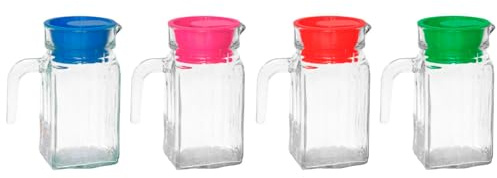 Tradineur - Pack de 4 Jarras de cristal modelo frigo - Capacidad de 500 ml - Recipiente para almacenar y servir toda clase de bebidas - 15 x 12 x 8 cm - Tapa Color Aleatorio