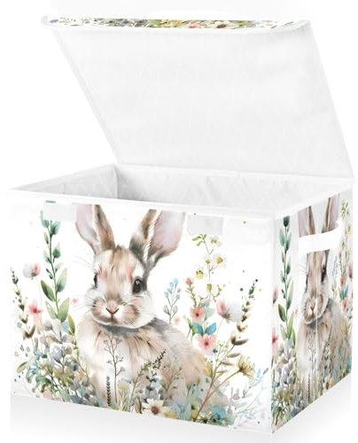 Mnsruu Storage Boxes with Lids, Watercolor Bunny in Floral Bouquet Large Storage Basket Organizer Shelves Cube Bin Toy Clothes Underbed