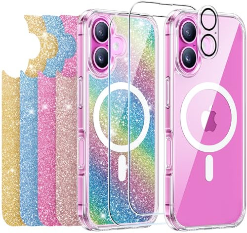 Meifigno Clear Hülle Entwickelt für iPhone 16, Anti-Vergilbung, Kompatibel mit MagSafe, [2 Schutzfolien, 1 Kamera-Schutzfolie, 5 Glitzer-Karten] Handyhülle Entwickelt für 6,1 Zoll, Transparent