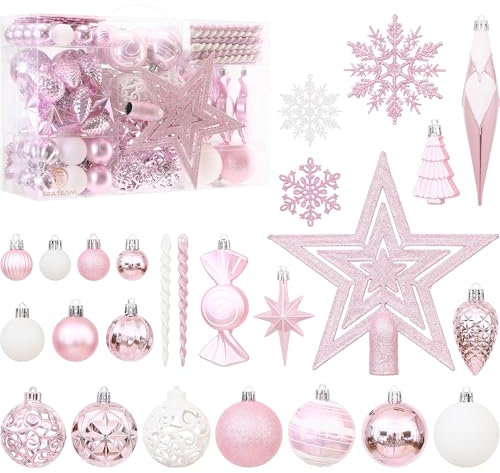Sea Team 130-Pack Assorted Shatterproof Plastic Christmas Ball Ornaments Set, Decorative Baubles, Pendants, Decorations with Tree Topper Star for Xmas Tree, Wreath, Garland(Pink)