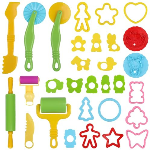 DOITEM Clay and Dough Tools with Models and Molds, Play Dough Accessories Plastic Dough Molds Cutters Animals Shapes, Assorted Color, 29 PCS