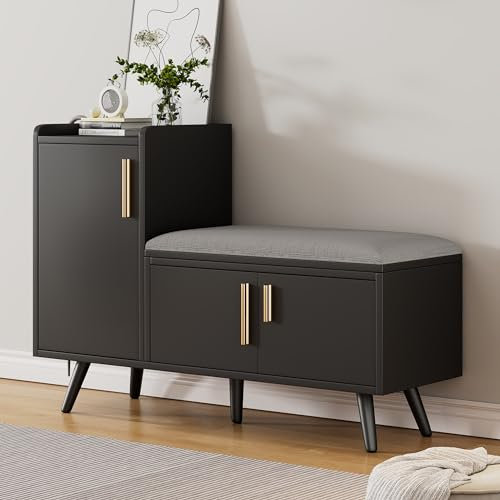 Merax Schuhschrank mit Sitzbank, Schuhbank mit Sitzfläche, 3 Stauraumtüren, asymmetrische Metallgriffen, Schwarz, B100/T34/H69 cm