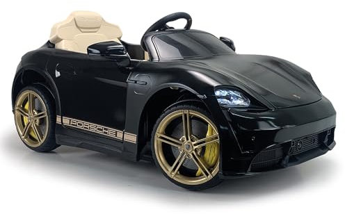 INJUSA - Voiture Électrique Porsche Taycan pour Enfants de 2 à 4 Ans | avec Batterie 12V | Lumières | Sons | Marche Arrière | Radiocommande | Ouverture des Portes | 6 km/h | Noir (7204)