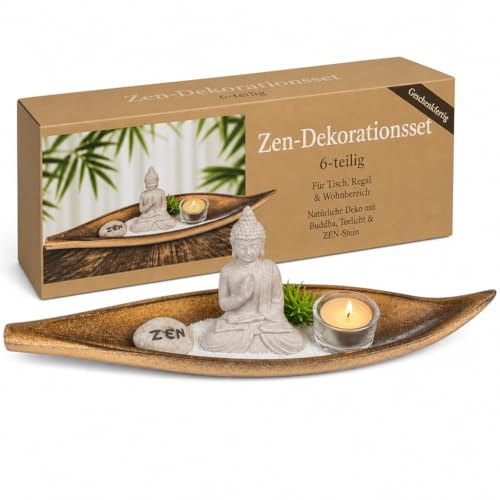 MIJOMA Zen-Dekorationsset: Naturfarbene Holz-Schale mit Buddha, Glas-Teelichthalter, Zen-Stein, künstlicher Pflanze & Deko-Sand – Elegante Zen-Deko für Zuhause