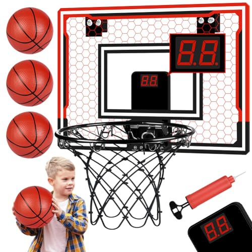 OSDUE Panier Basket Enfant, 40 * 30cm Mini Jeu de Basketball Mural Panier Basket Interieur avec Tableau d'affichage électronique 3 Ballons et Pompe à Air Mural Mini Hoop Toys
