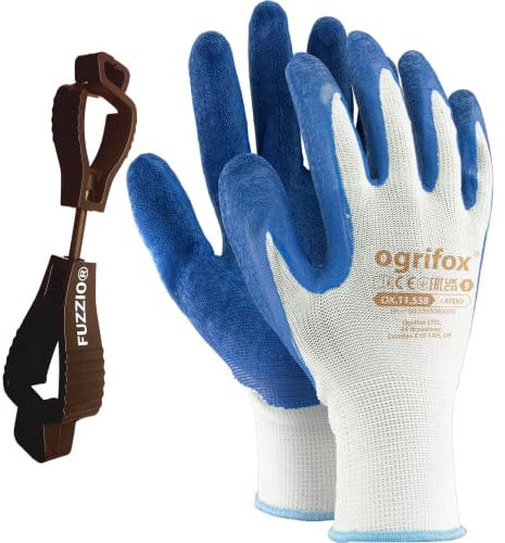 FUZZIO 12 Paar Arbeitshandschuhe Herren Gr 9, Mechaniker Handschuhe Weiß, Gartenhandschuhe Herren, Arbeitshandschuhe Damen, Montagehandschuhe Herren, Latex Beschichtung mit Handschuhclip