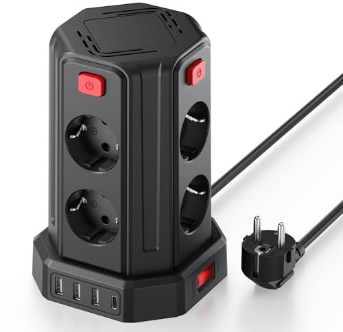 2M Torre Regletas Enchufes, Regleta USB 8 Tomas de AC Corrientes y 4 USB, 2500W/10A, Regreltas Vertical con Interruptor para Mesa, Oficia, Casa……