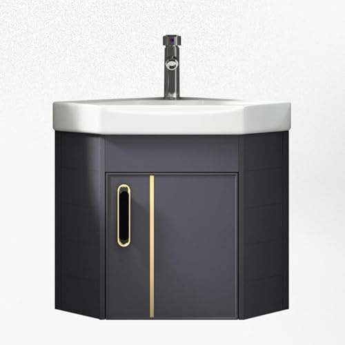 Modern Corner Bathroom Vanity Cabinet Set with Ceramic Sink Faucet & Drain – Stylish Floating Storage Solution in Gray (43cm/16.9in) for Small Spaces