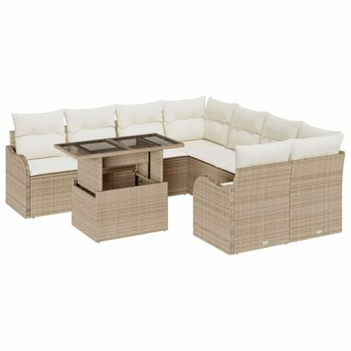 vidaXL Garten-Sofa-Set 9 pcs Beige 100 x 55 x 73 cm Poly Rattan, Garten und Terrasse, modernes modulares Design, verstellbare Füße, Rattansofa, Sitzgruppe für draußen
