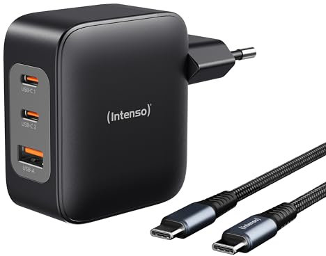 Intenso Power Adapter W100ACC GaN + C520C Kabel, 2x USB-C 1x USB-A Netzteil bis zu 100 Watt schnellladen (PD 3.1, PPS und QC 4.0) + USB-C zu C Daten+Ladekabel, für iPhone, Samsung Galaxy etc., schwarz