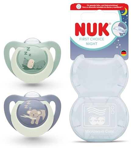 NUK First Choice Night Baby-Schnuller | 18-36 Monate | kieferorthopädischer Schnuller, leuchtet im Dunkeln | Beruhigt 99% der Babys ** | Nilpferd/Koala | 2 Stück