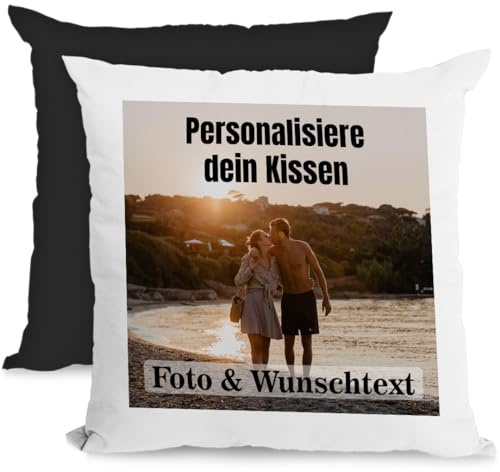 Personalisiertes Kissen 40x40 cm mit Foto & Kissenfüllung – Individuelles Fotokissen mit Bild – Personalisiertes Geschenk für Frauen, Männer & Freundin – Dekokissen & Kuschelkissen, Weiß/Schwarz