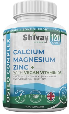 Osteo Complex – Calcium, Magnesium, Zinc & Vegan Vitamin D3 K2 – Complete Bone Support with Vitamin C, Manganese, Copper, Boron, Selenium 120 Vegan Capsules - 2 Month Supply – Made in UK Shivay Herbal