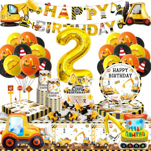 Bagger Deko Kindergeburtstag 2 Jahre mit Baustelle Luftballons Tischdecke Tortendeko für Geburtstag Junge Mädchen 16 Gäste