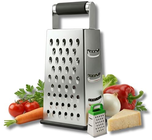 ELEGANCIO Edelstahl 4in1 Vierkantreibe rutschhemmend 25 x 11,2 cm + Mini Käsereibe GRATIS 4-seitige scharfe Küchenreibe ideal als Kartoffelreibe Gemüsehobel Multireibe (silber groß/grün Mini)