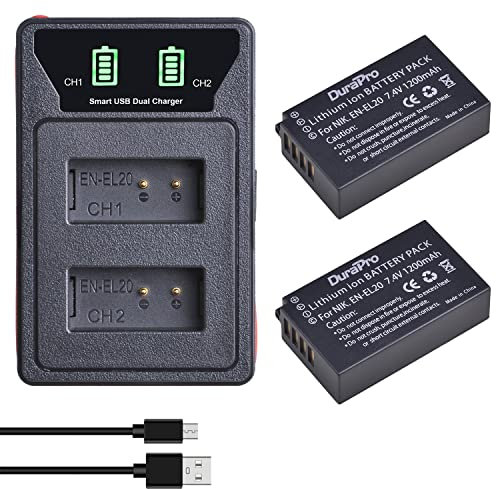 DuraPro 2Pcs 1200mAh EN-EL20 EN EL20 Battery + LCD Dual USB Charger with Type C Port for Nikon EN-EL20,EN-EL20a, Nikon Coolpix P1000, P950 Coolpix A 1 J1/1 J2/1 J3/1 S1/1 V3 Cameras