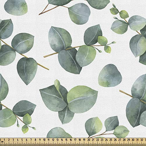 ABAKUHAUS Blatt Gewebe als Meterware, Aquarell Eukalyptus Kunst, Dicht Gewebter Stoff zum Nähen Polster Wohnaccessoires, 3M (148x300cm), Hellbraun Weiß Grün