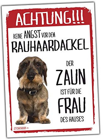Rauhaardackel Dackel Schild Achtung Zaun Frau Spruch Türschild Warnschild Geschenkidee lustiger Spruch Hundemotiv Aluminium Wetterfestes Hundeschild cool Design Hundeschild