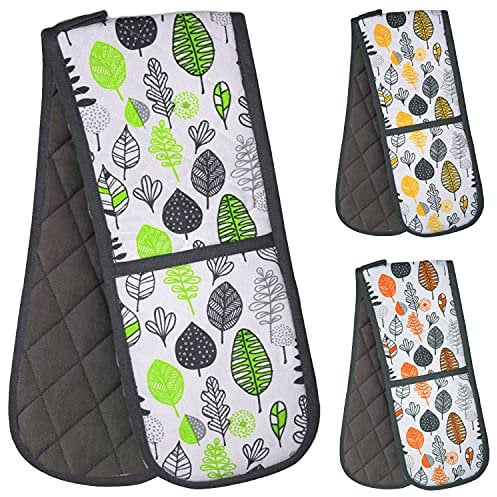 Prime Homewares Colour Leaf Design 100% Cotton Oven Glove Double Oven Gloves Double Oven Mitt Heat Resistant Oven Gloves (Grey/Yellow Leaf)