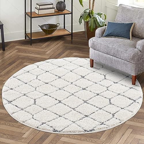 carpet city Teppich Hochflor Wohnzimmer - 160x160 cm Rund - Scandi-Stil Raute-Optik Creme Grau - Cut-Loop, Hochtief, 3D-Effekt - Shaggy Teppiche Flauschig-Weich Schlafzimmer Langflor