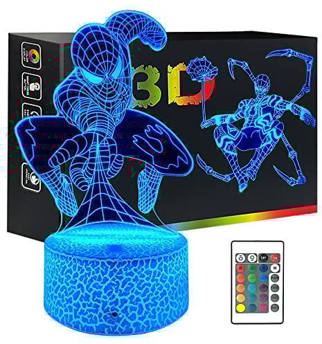 Spiderman Toys LED-Nachtlicht für Kinder, Superhelden-3D-Illusionslampe, 2 Stile mit Smart Touch 7 Farben & Fernbedienung, 16 Farben, wechselnde dimmbare Tischlampe für Jungen Mädchen, Weihnachten