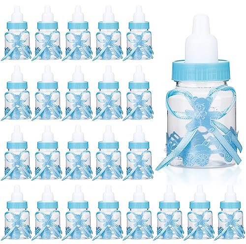 24 Stück Babyparty Flaschen, Mini Kunststoff Jungen Babyparty Bevorzugungs Süßigkeitsflasche, Befüllbar Süßigkeiten Box für Neugeborene, Taufe, Party, Babyparty Dekoration, Blau