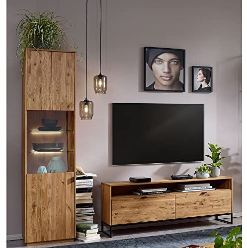 Lomadox Wohnwand aus Fernsehschrank mit Vitrine in Wildeiche massiv geölt mit LED Beleuchtung, B/H/T ca. 200/200/40 cm