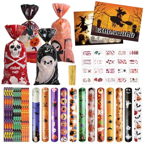Halloween Party Mitgebsel Kindergeburtstag, 80 Stück Halloween Partygeschenke Mitbringsel mit Slap Armbänder, Geschenktüte, Bleistift, Einladungskarten, Briefmarken, Temporäre Tattoos für Kinder