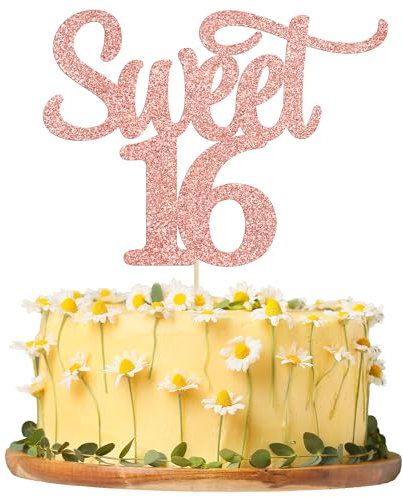 Gyufise 1Pc Sweet 16 Cake Topper Rose Gold Glitter Sixteen 16th Birthday Cake Pick Decorations Age 16 16th Birthday Anniversary Party Cake Decorations Supplies