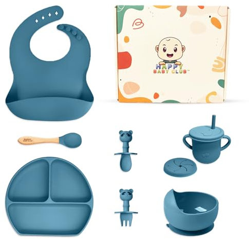 Happy Baby Club Blue Silicone Baby Feeding Set - Complete Baby Weaning Set for Expecting Moms and New Parents | Gift Set for Family and Friends | Including a Bib, Bowl, Plate, Cup, Spoon and Fork