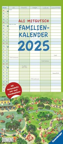 DUMONT - Ali Mitgutsch 2025 Familienkalender, 22x49,5cm, Planer mit 5 Spalten für die ganze Familie, Jahresübersicht 2026 und Schulferientabelle, deutsches Kalendarium