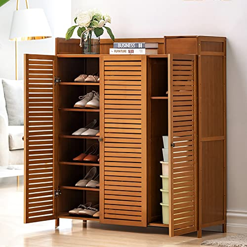 FUYAO Bambus-Schuhschrank, rustikaler Eingangsbereich, Schuhschrank mit 8 Ebenen, Türen und Schublade, Bauernhaus-Schuh-Organizer für Flur, Schlafzimmer, Schrank, Braun, 99 x 33 x 114 cm