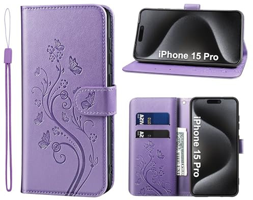 KRAFTCARE Handyhülle für iPhone 15 Pro Mit Kartenfach, Geld Slot, Ständer, Magnetic Closure - Flip Case Leder Schutzhülle Tasche