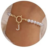 TINGN Armbänder mit Buchstaben Damen - Perlenarmband Damen 18K Gold Gefüllte Gold Buchstaben J Armband Initiale Charm Armband Schmuck Damen Hochzeitsgeschenk Brautjungfern Geschenke für Frauen Mädchen