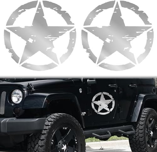 Longivia® 2 Pezzi Adesivo Stella Militare Argento – Diverse Dimensioni 25cm 20cm 15cm 10cm – Diversi colori - Adesivi 4x4 off Road Decalcomanie per Auto Moto Fuoristrada Renegade Wrangler Panda