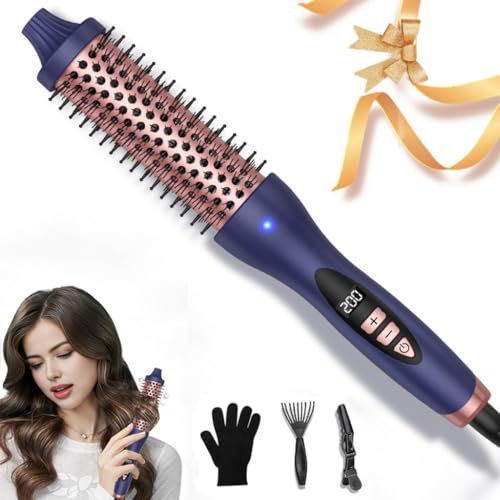 UKLISS Thermal Brush, 38mm Thermobürste Wärmebürste 3 in 1, Rundbürste Stylingbürsten, Lockenbürste LCD-Anzeige 120-210℃, Double Spannung Hot Brush für Haarstyling - Kamm, Locke, Gerade (Blau Rosa)
