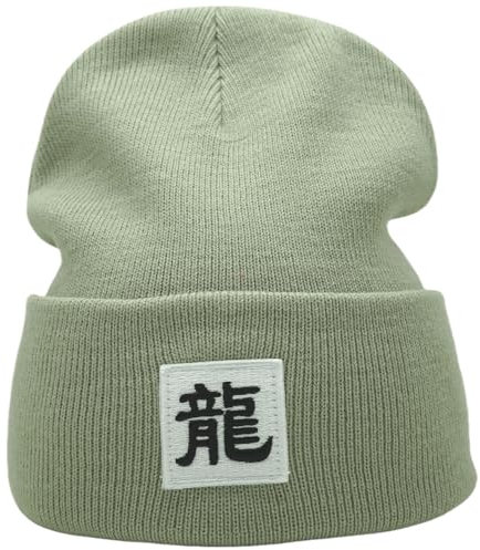 55cube Beanie-Mütze, bestickt, chinesisches Sternzeichen – 5 Elemente bringen Glück, Loong – Lorbeergrün, Einheitsgröße