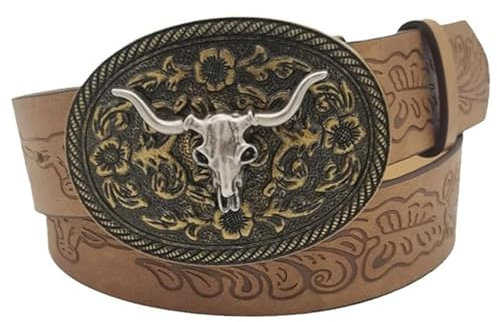 ARROMI Cowboy Gürtel Herren, Western Gürtel Herren, Herren Longhorn Stier Blumengravur, Western Gürtel, Jeans Hosen, Herren Ledergürtel für Jeans Weihnachten Herrengürtel Geschenke