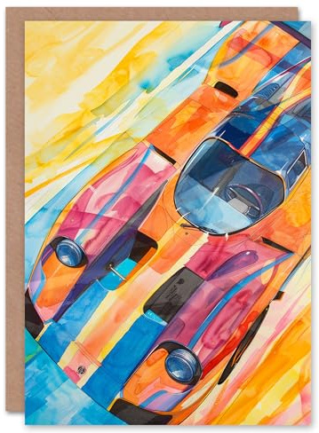 Artery8 Colourful Race Car Bright Watercolour Painting For Him Man Birthday Card